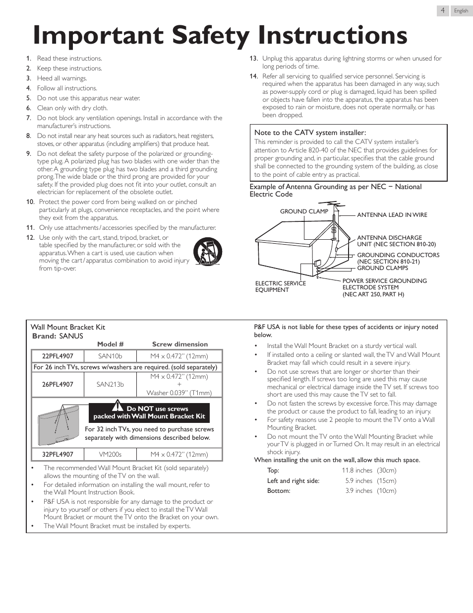 Importantsafetyinstructions | Philips 22PFL4907-F7 User Manual | Page 4 / 67