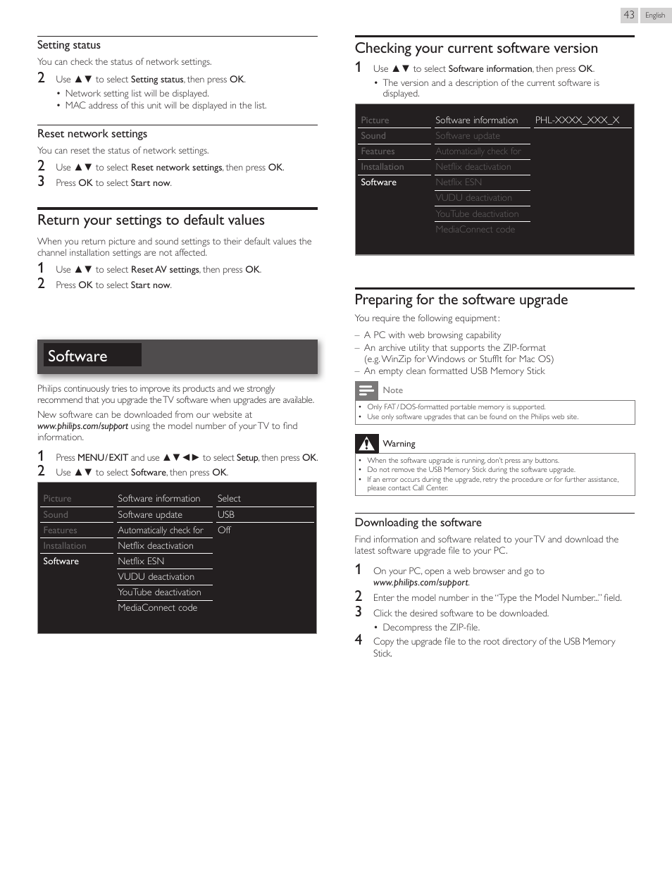 Return.your.settings.to.default.values, Software, Return your settings to default values | Checking your current software version, Preparing for the software upgrade, P. 43, Checking your current software version 1 | Philips 22PFL4907-F7 User Manual | Page 43 / 67