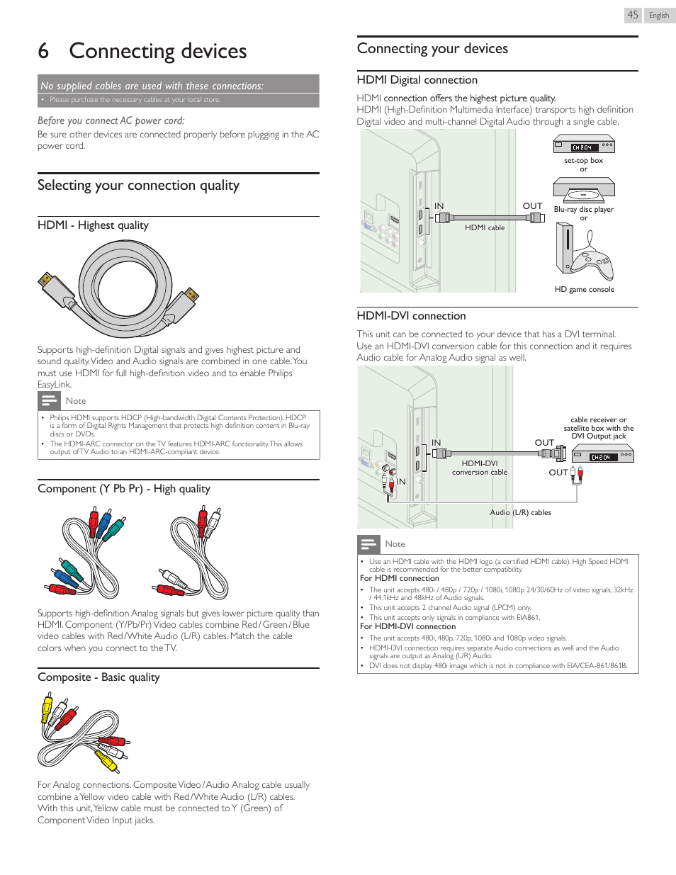 Connecting.devices, Selecting.your.connection.quality, Connecting.your.devices | 6 connecting devices, Selecting your connection quality, Connecting your devices, Hdmi - highest quality, Component (y pb pr) - high quality, Composite - basic quality, Hdmi digital connection | Philips 22PFL4907-F7 User Manual | Page 45 / 67