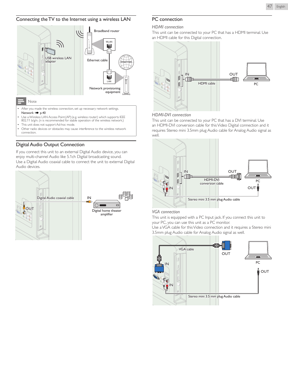 P. 47, Digital audio output connection, Pc connection | Philips 22PFL4907-F7 User Manual | Page 47 / 67