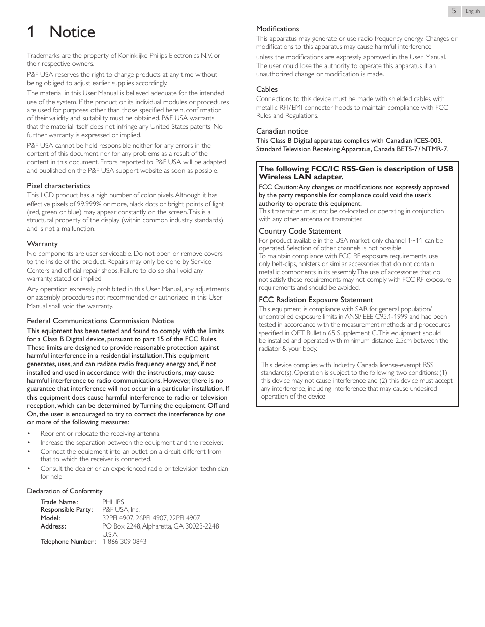 Notice, 1 notice | Philips 22PFL4907-F7 User Manual | Page 5 / 67