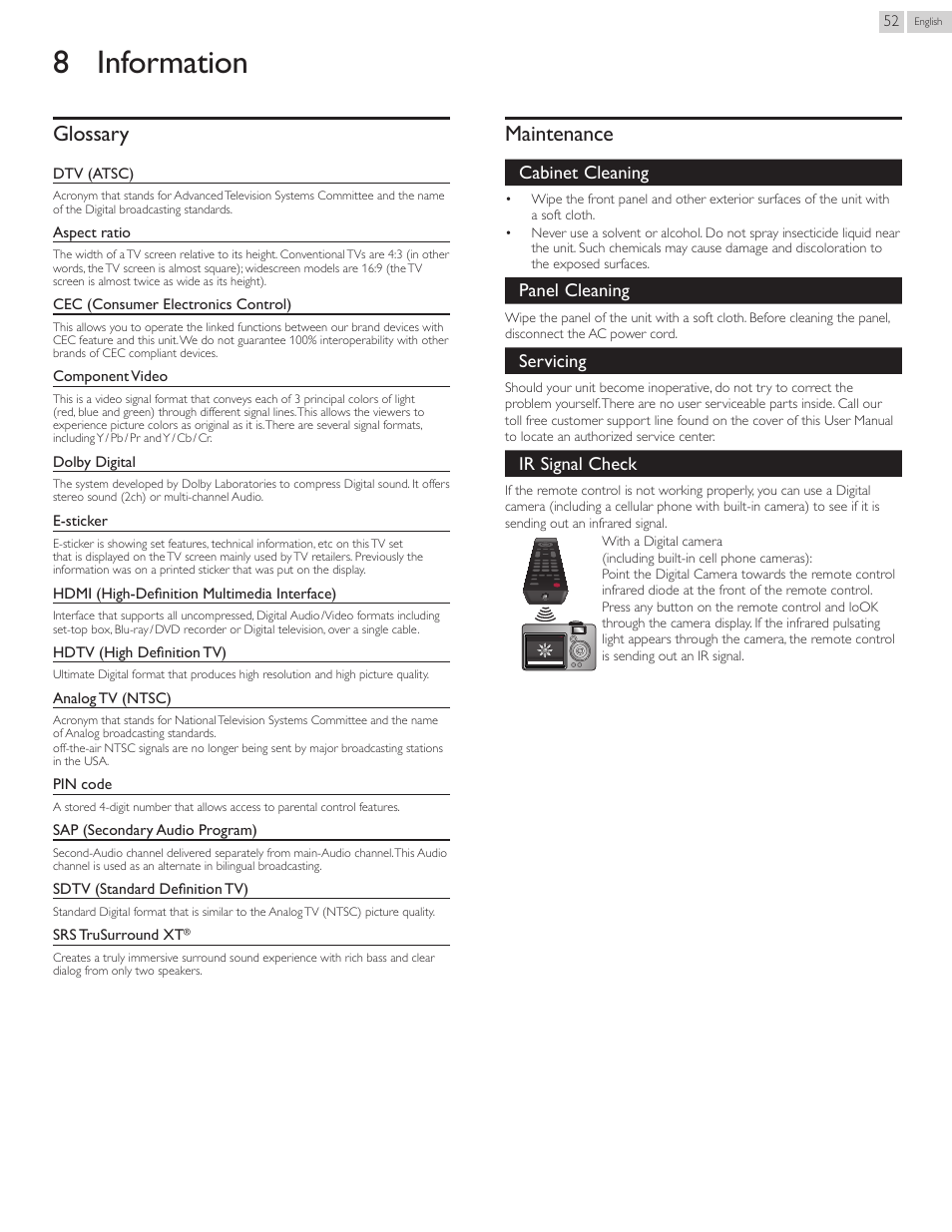 Information, Glossary, Maintenance | 8 information, Glossary 52 maintenance 52, Ir signal check, P. 52 if oka, Cabinet cleaning, Panel cleaning, Servicing | Philips 22PFL4907-F7 User Manual | Page 52 / 67