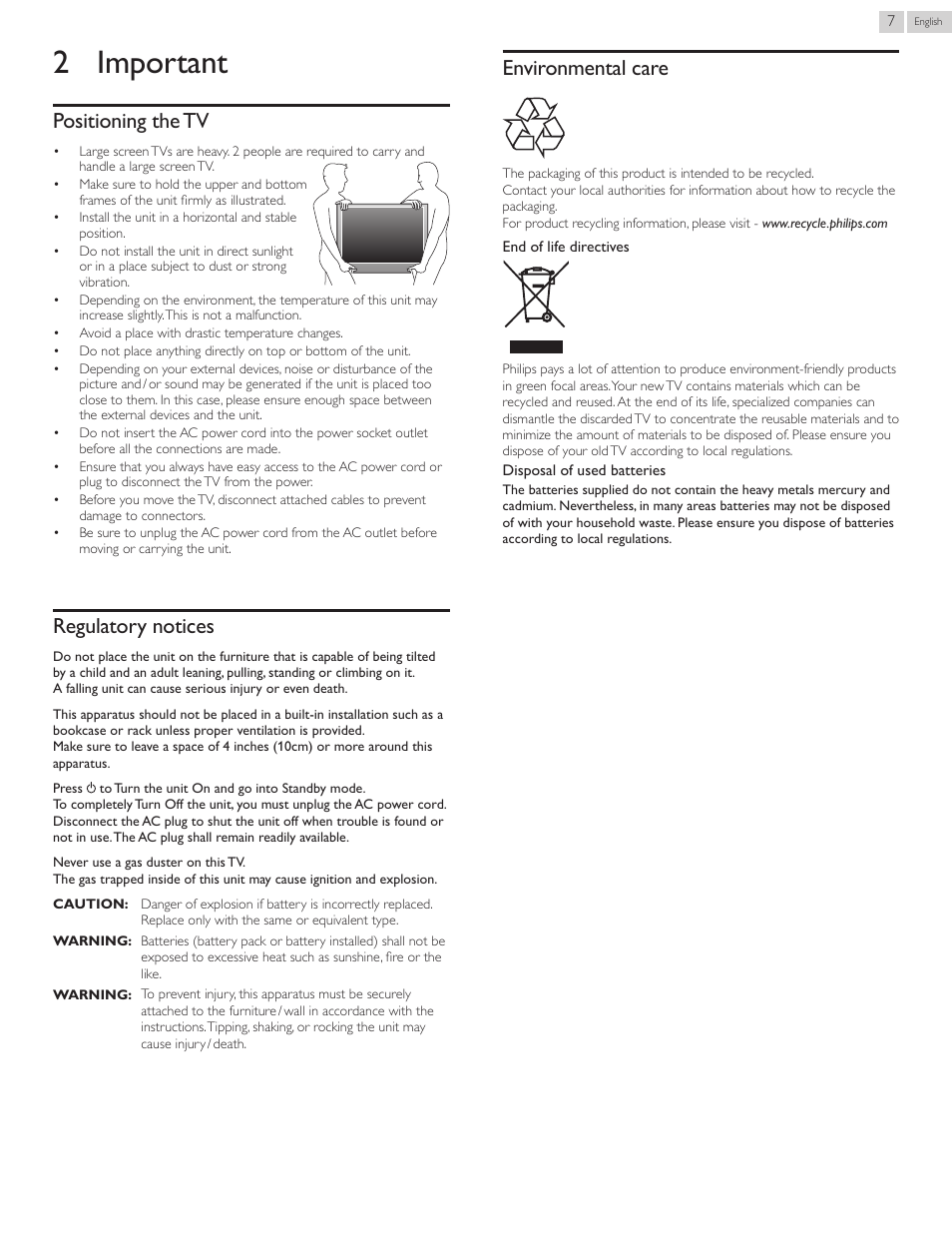 Important, Positioning.the.tv, Regulatory.notices | Environmental.care, 2 important, Positioning the tv, Regulatory notices, Environmental care | Philips 22PFL4907-F7 User Manual | Page 7 / 67