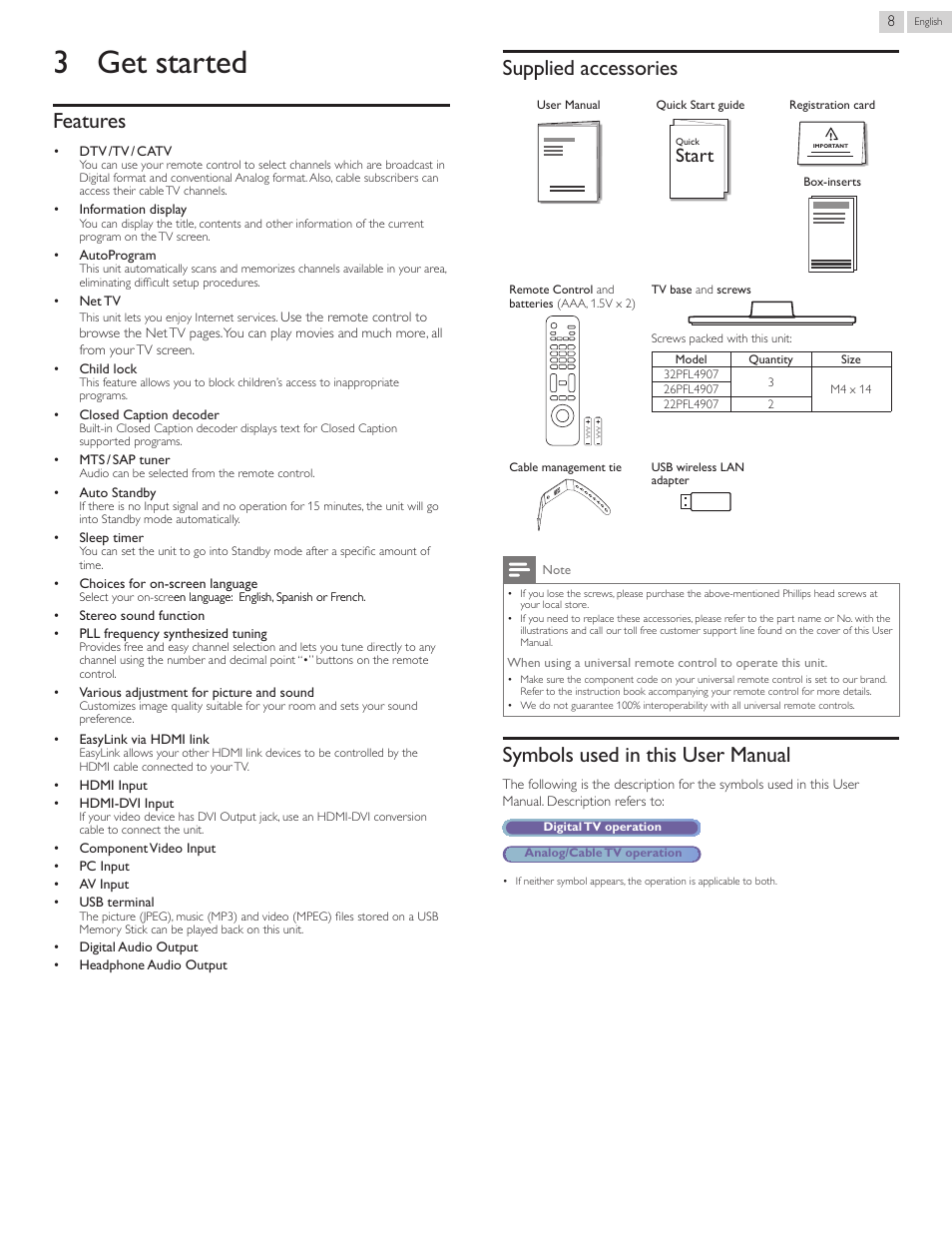 Get.started, Features, Supplied.accessories | Symbols.used.in.this.user.manual, 3 get started, Features 8 supplied accessories, Symbols used in this user manual, Supplied accessories, Start | Philips 22PFL4907-F7 User Manual | Page 8 / 67