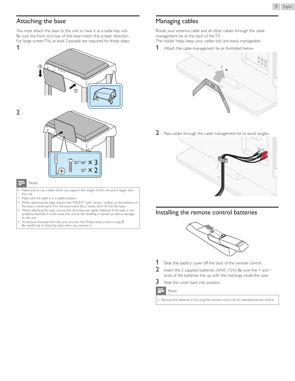 Attaching.the.base, Managing.cables, Installing.the.remote.control.batteries | Attaching the base, Managing cables, Installing the remote control batteries, Installing the remote control batteries 1 | Philips 22PFL4907-F7 User Manual | Page 9 / 67