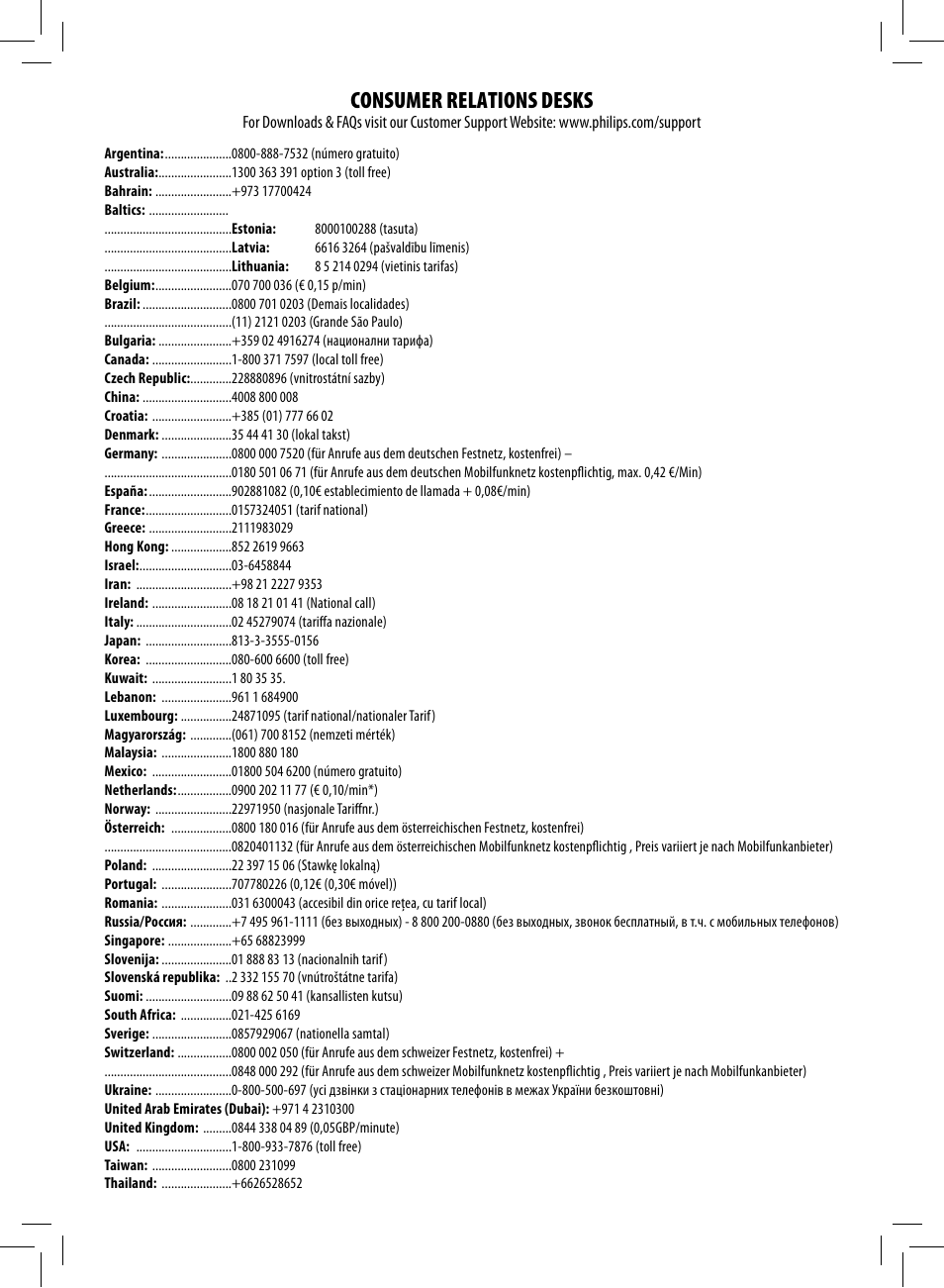 Consumer relations desks | Philips HD8930-05 User Manual | Page 67 / 68