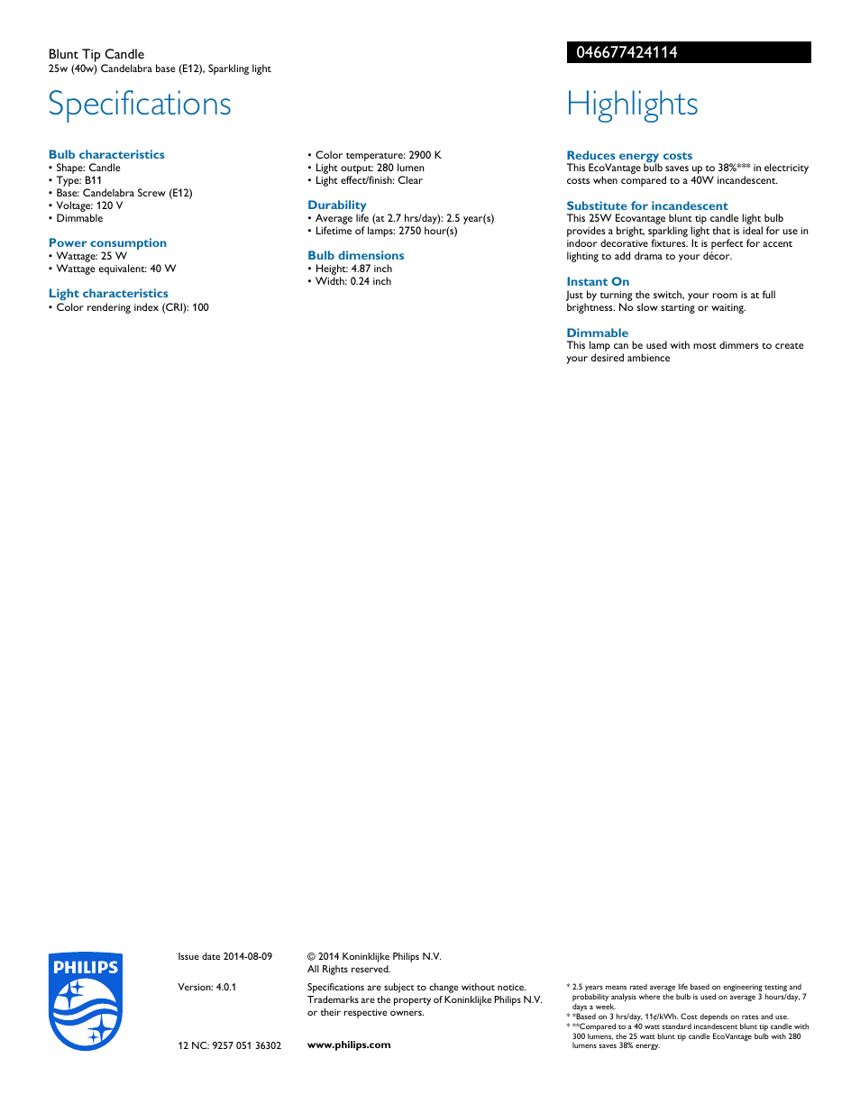 Specifications, Highlights | Philips 046677424114 User Manual | Page 2 / 2