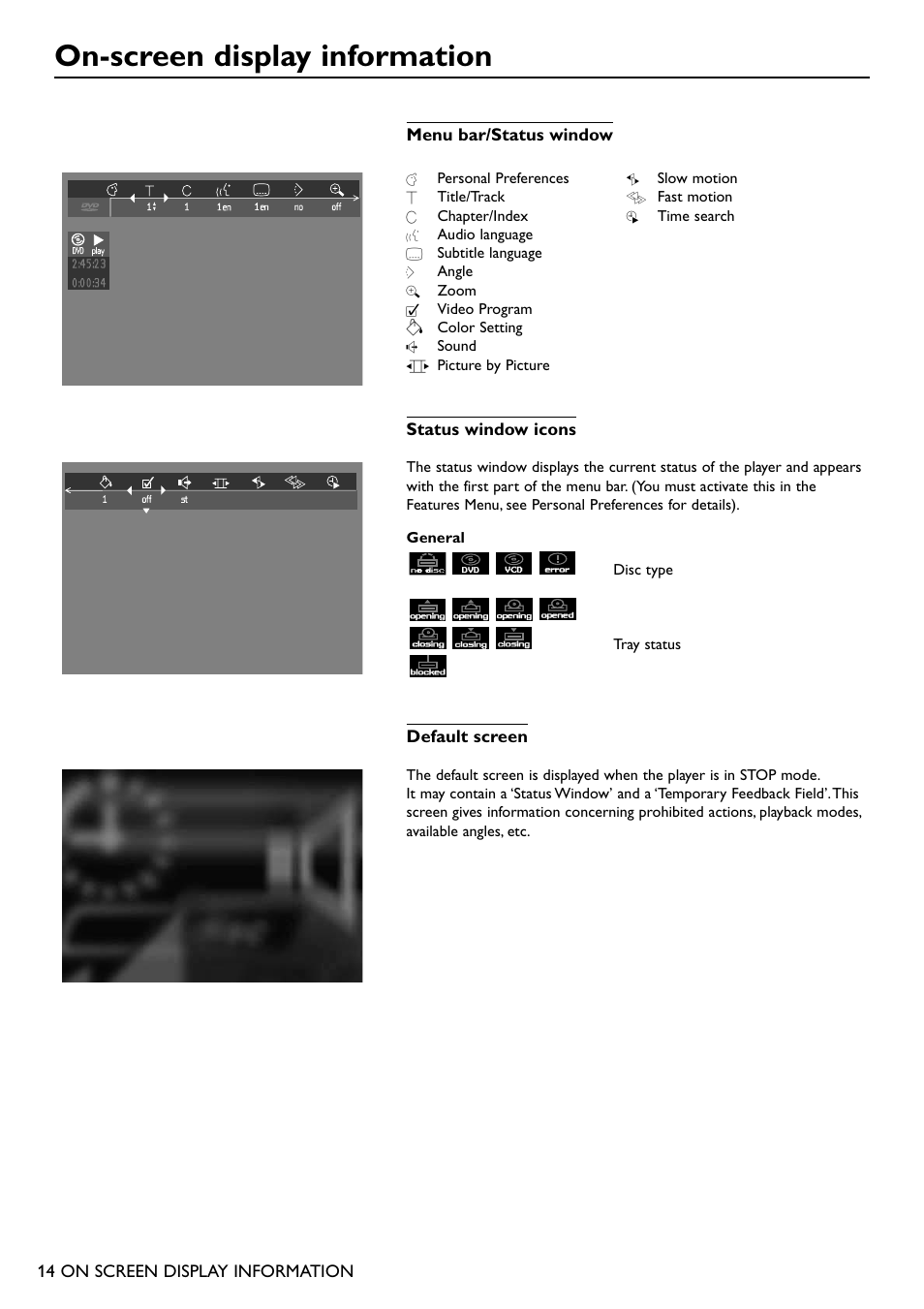 On-screen display information | Philips DVD950AT98 User Manual | Page 14 / 38