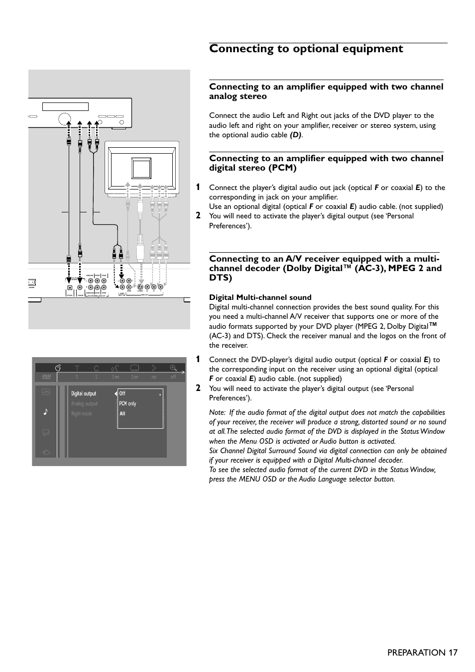 Connecting to optional equipment, Preparation 17, Amplifier e f g | Philips DVD950AT98 User Manual | Page 17 / 38