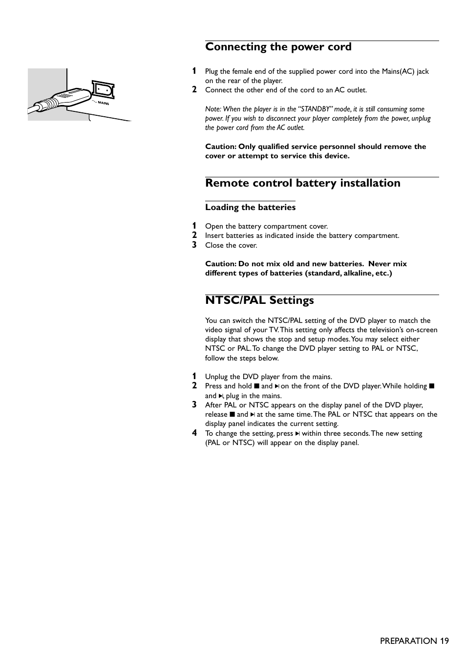 Connecting the power cord, Remote control battery installation, Ntsc/pal settings | Philips DVD950AT98 User Manual | Page 19 / 38