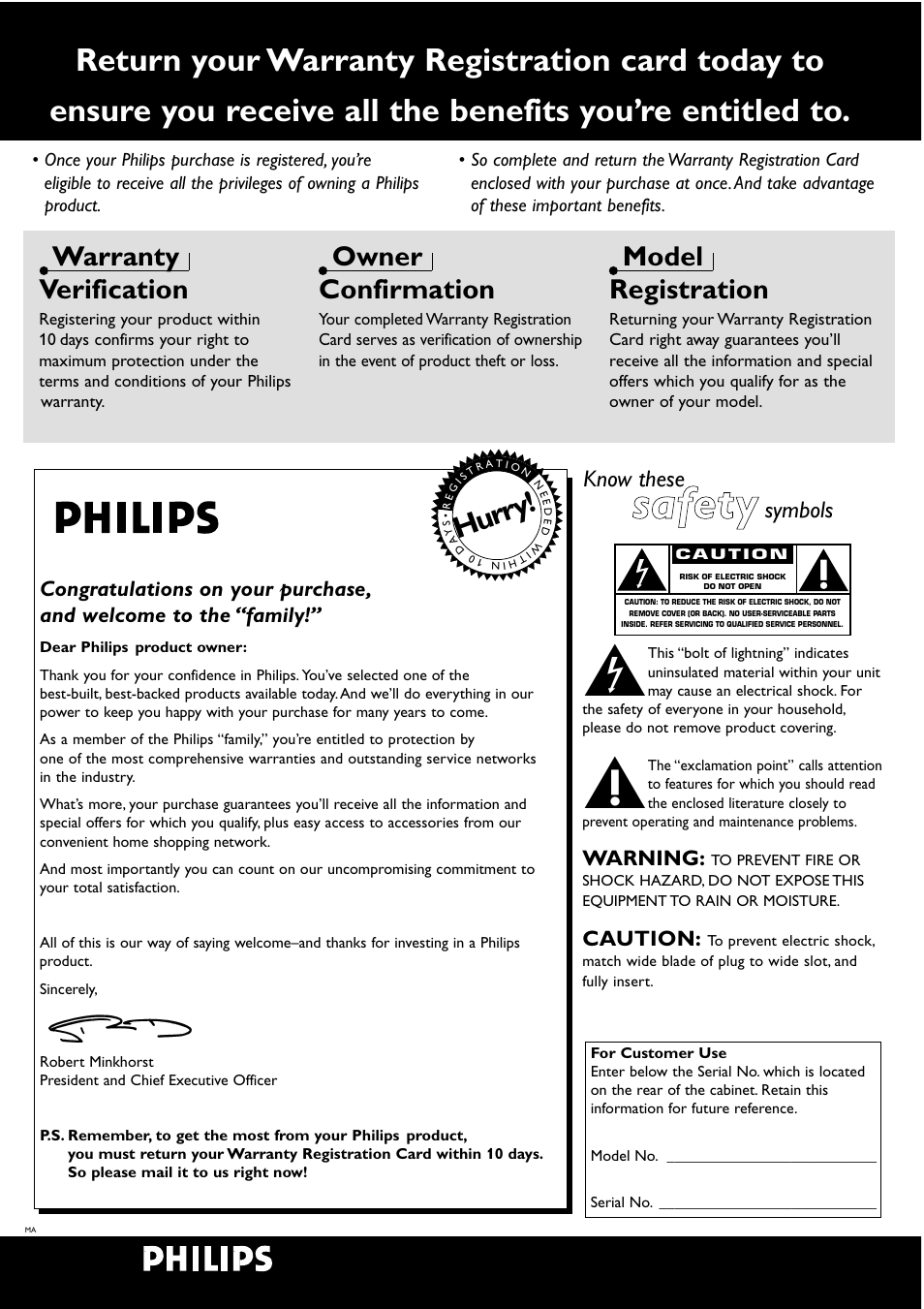 Safety, Hur ry, Warranty verification | Owner confirmation, Model registration, Know these, Symbols, Warning, Caution | Philips DVD950AT98 User Manual | Page 2 / 38