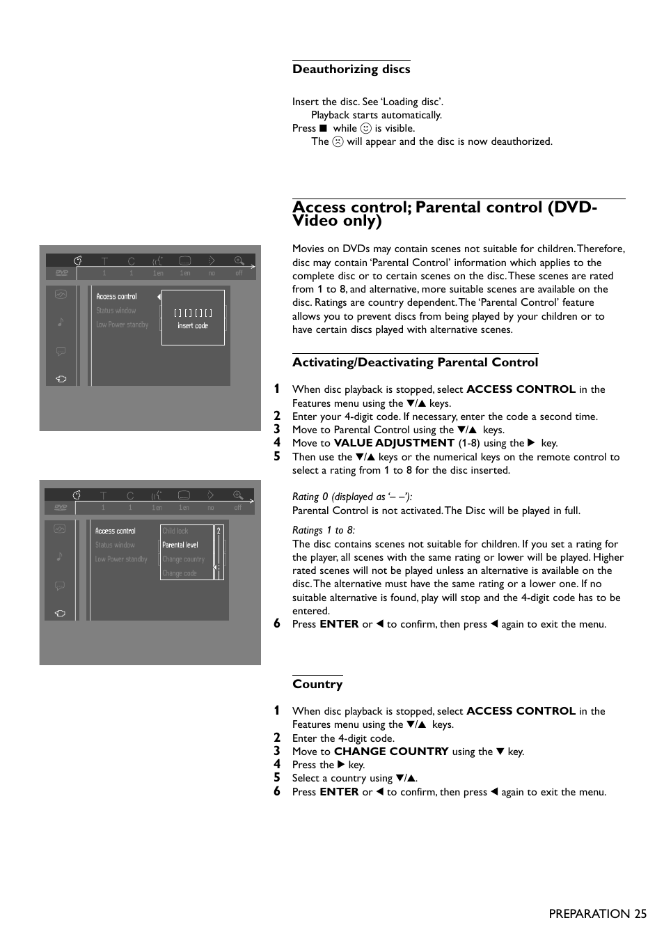 Access control; parental control (dvd- video only) | Philips DVD950AT98 User Manual | Page 25 / 38