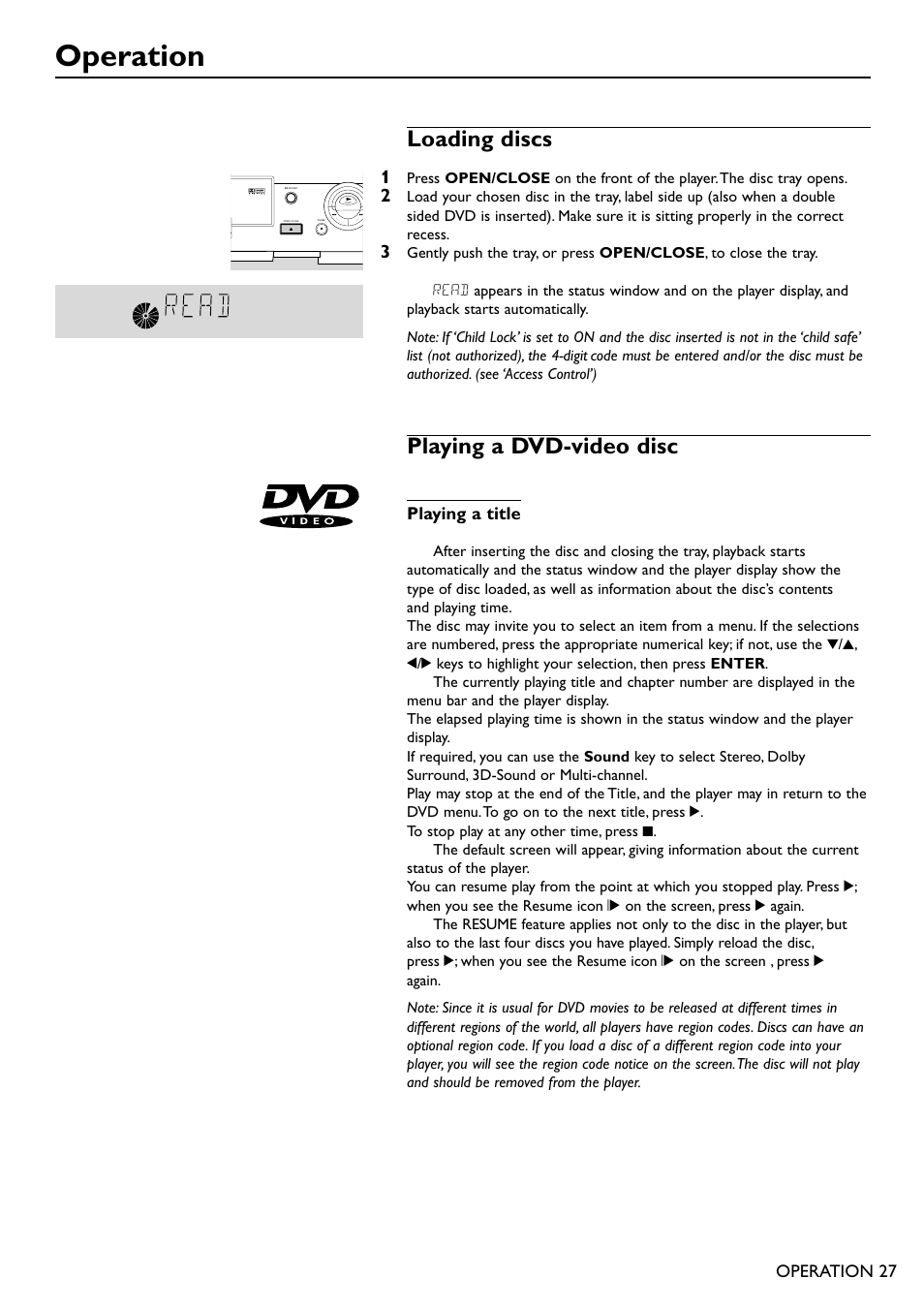 Operation, Loading discs, Playing a dvd-video disc | Philips DVD950AT98 User Manual | Page 27 / 38