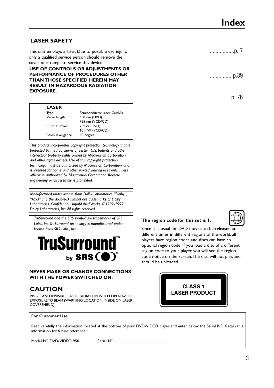 Index | Philips DVD950AT98 User Manual | Page 3 / 38