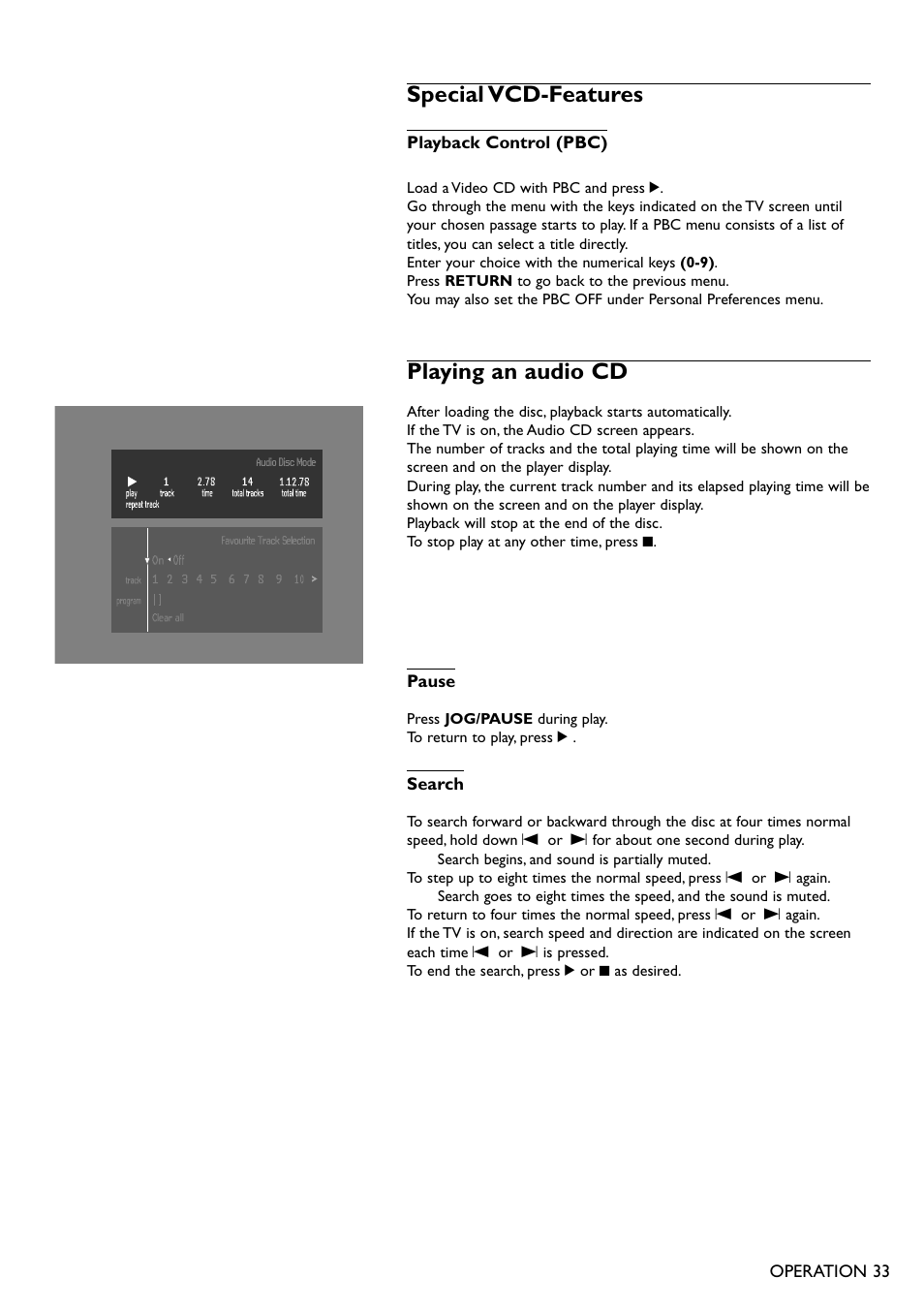 Special vcd-features, Playing an audio cd | Philips DVD950AT98 User Manual | Page 33 / 38