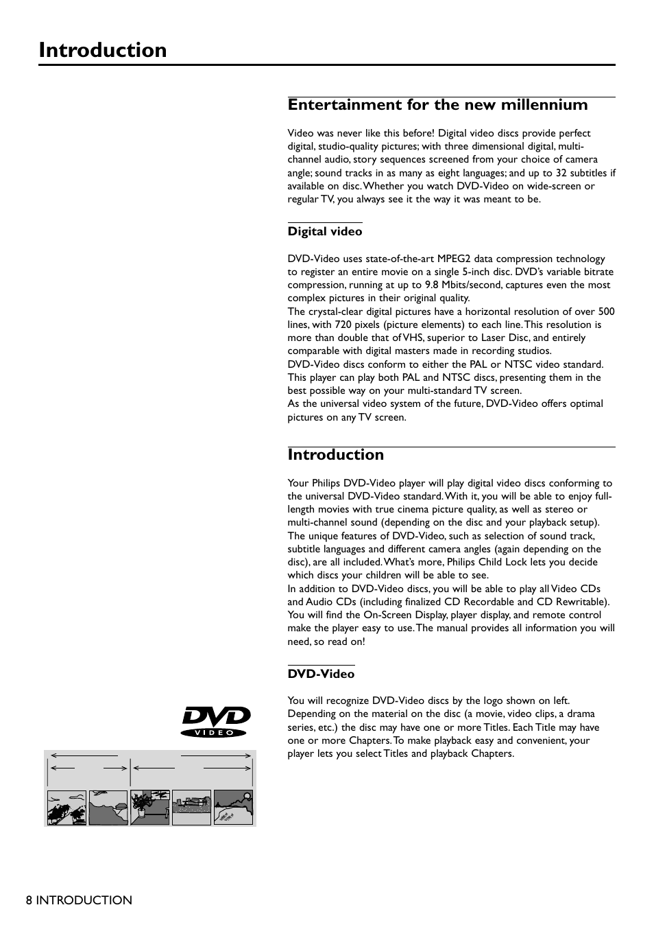 Introduction, Entertainment for the new millennium, Digital video | Dvd-video, 8 introduction | Philips DVD950AT98 User Manual | Page 8 / 38