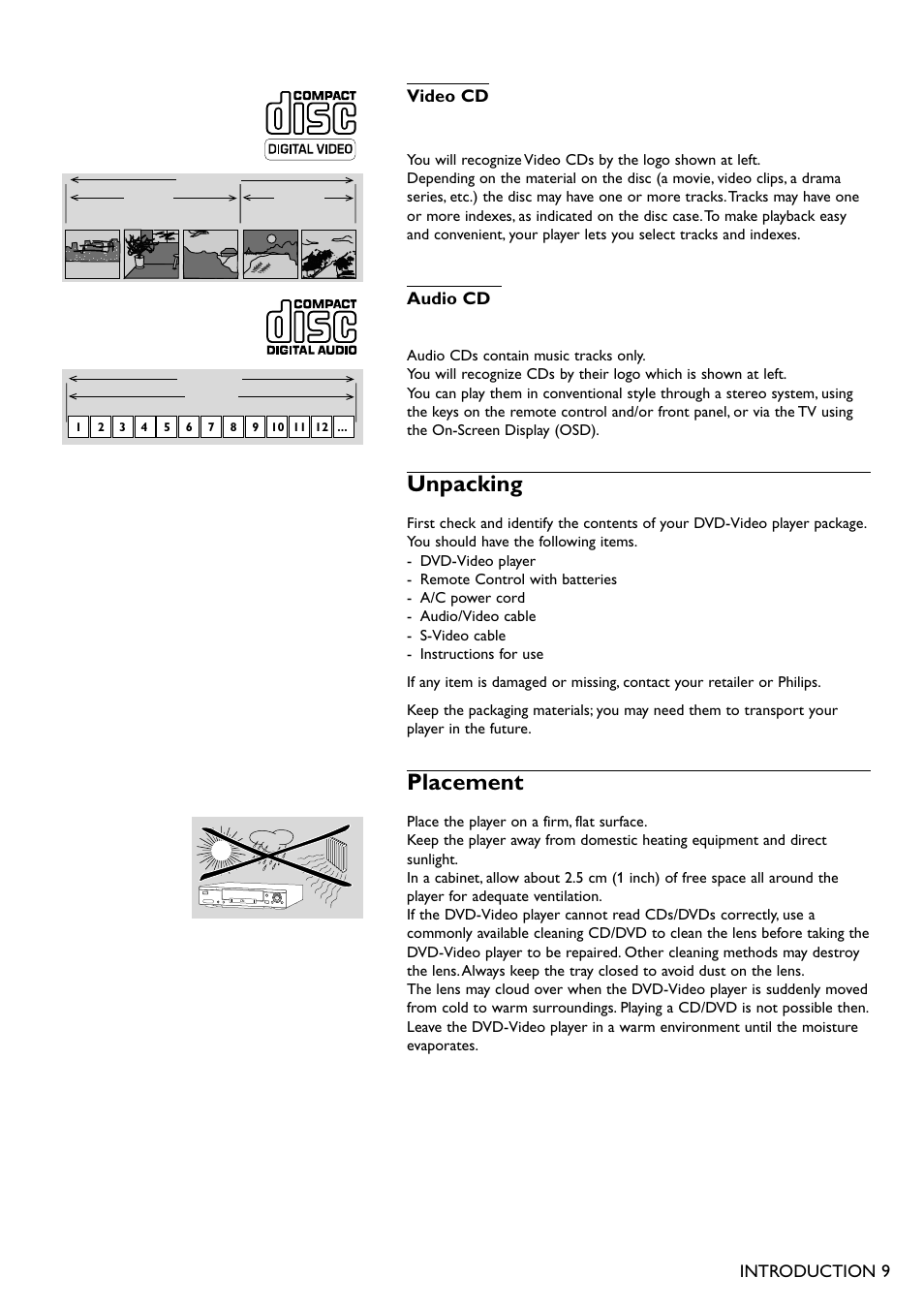 Unpacking, Placement, Video cd | Audio cd, Introduction 9 | Philips DVD950AT98 User Manual | Page 9 / 38