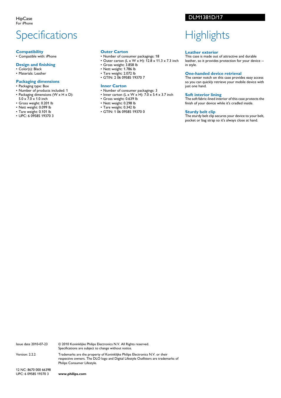 Specifications, Highlights | Philips DLM1381D-17 User Manual | Page 2 / 2