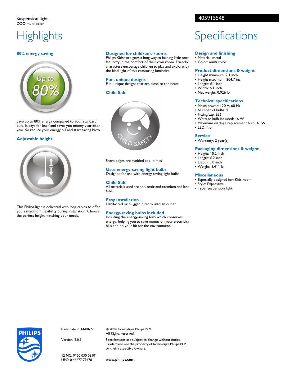 Highlights, Specifications | Philips 405915548 User Manual | Page 2 / 2