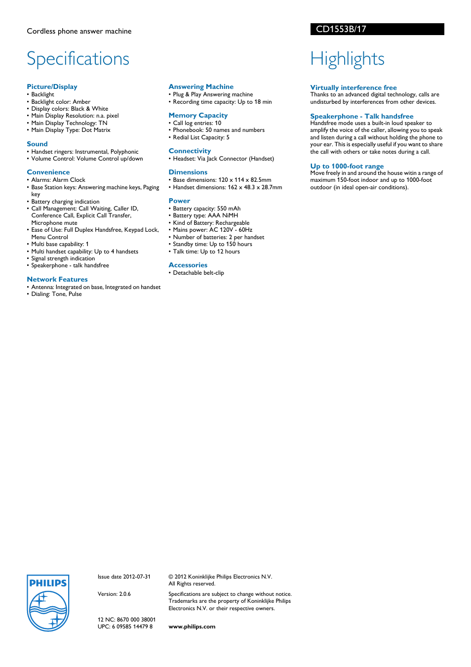 Specifications, Highlights | Philips CD1553B-17 User Manual | Page 2 / 2