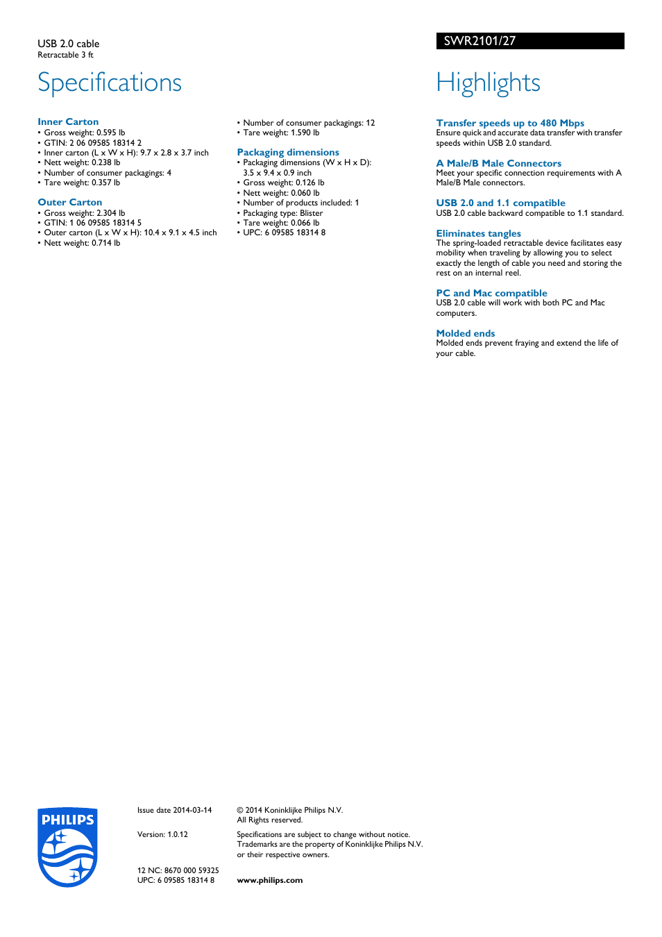 Specifications, Highlights | Philips SWR2101-27 User Manual | Page 2 / 2