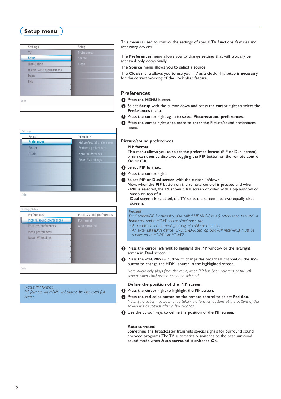 Setup menu, Preferences | Philips 42PF9730A-37 User Manual | Page 14 / 54