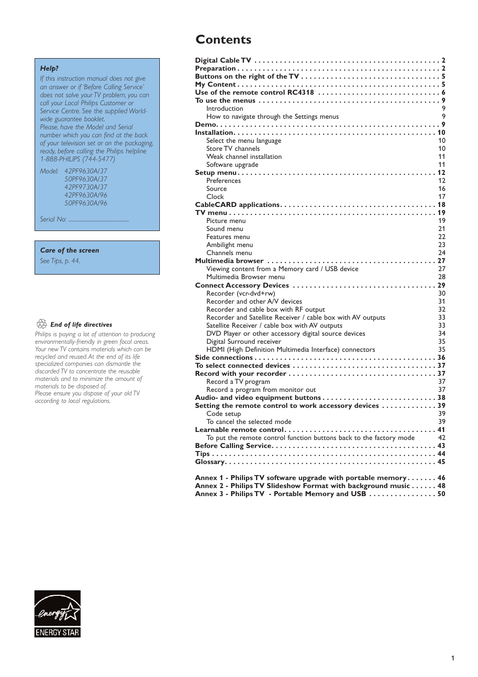 Philips 42PF9730A-37 User Manual | Page 3 / 54