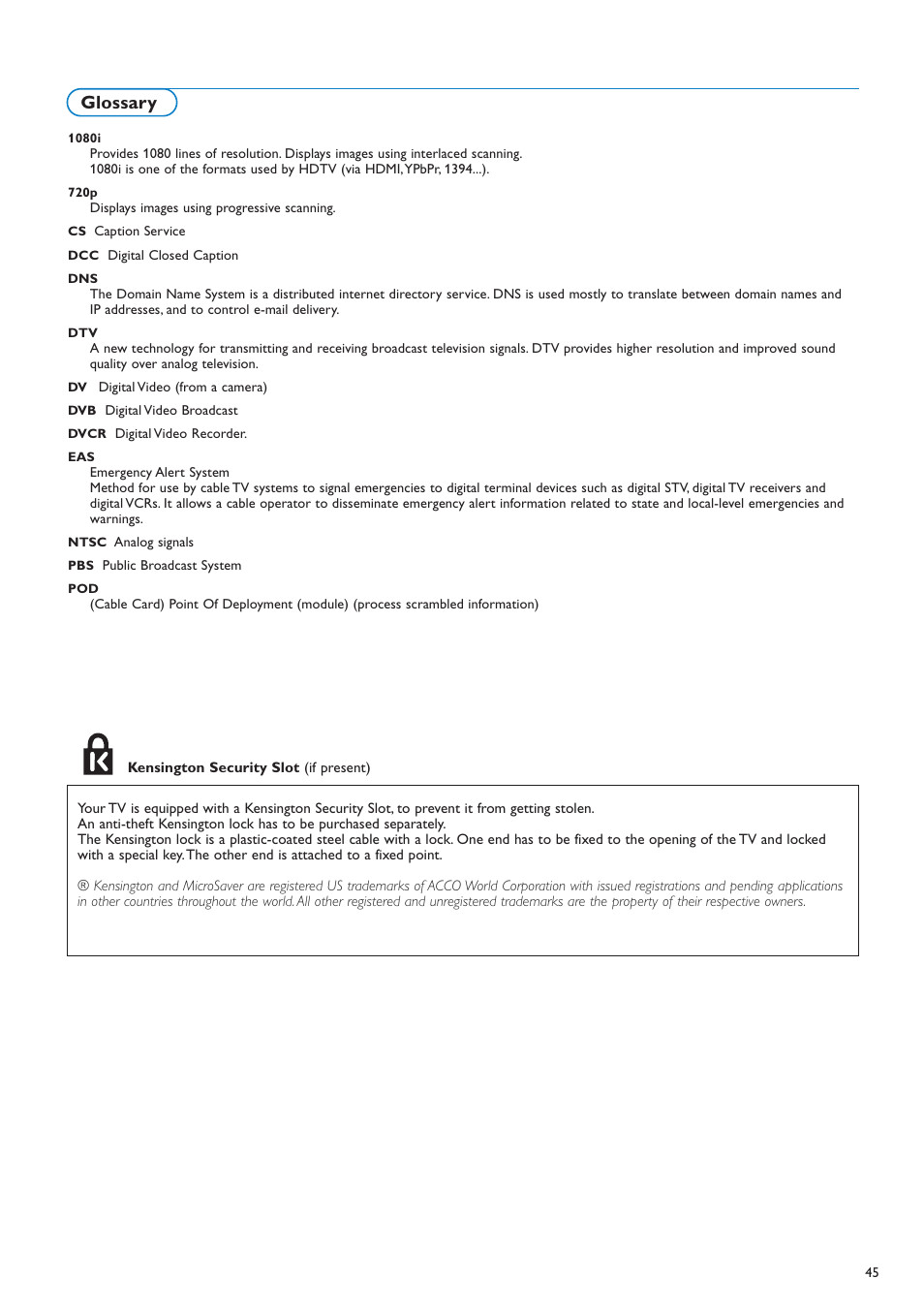 Glossary | Philips 42PF9730A-37 User Manual | Page 47 / 54