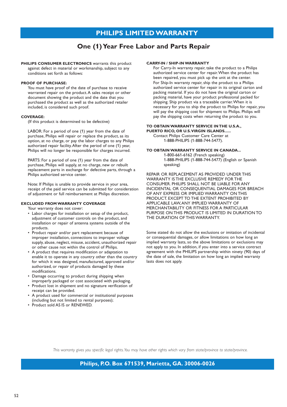 Philips limited warranty, One (1) year free labor and parts repair | Philips 42PF9730A-37 User Manual | Page 54 / 54