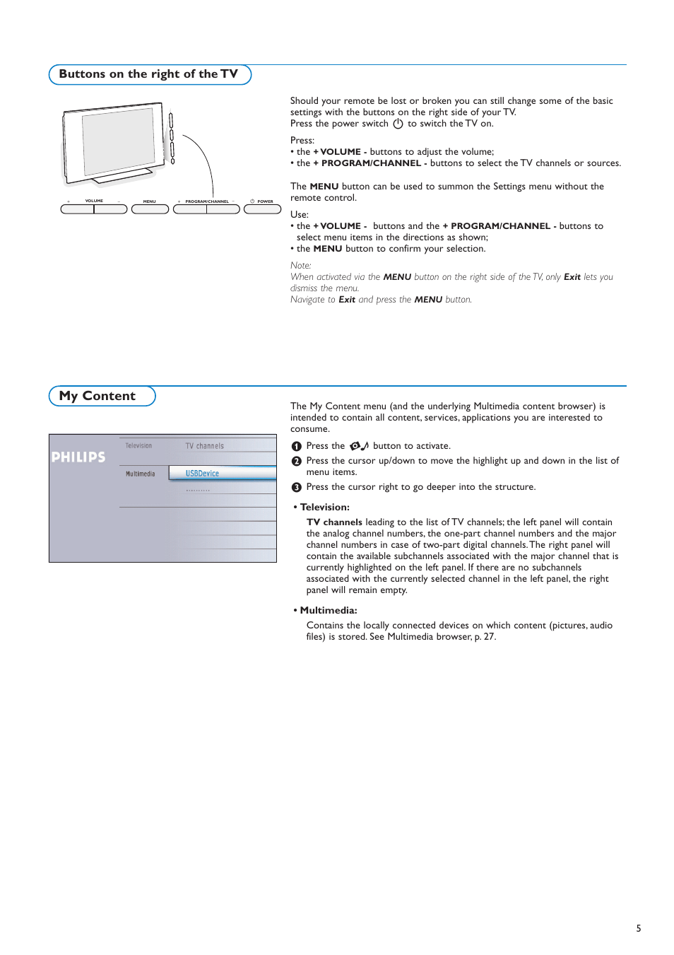 My content, Buttons on the right of the tv | Philips 42PF9730A-37 User Manual | Page 7 / 54