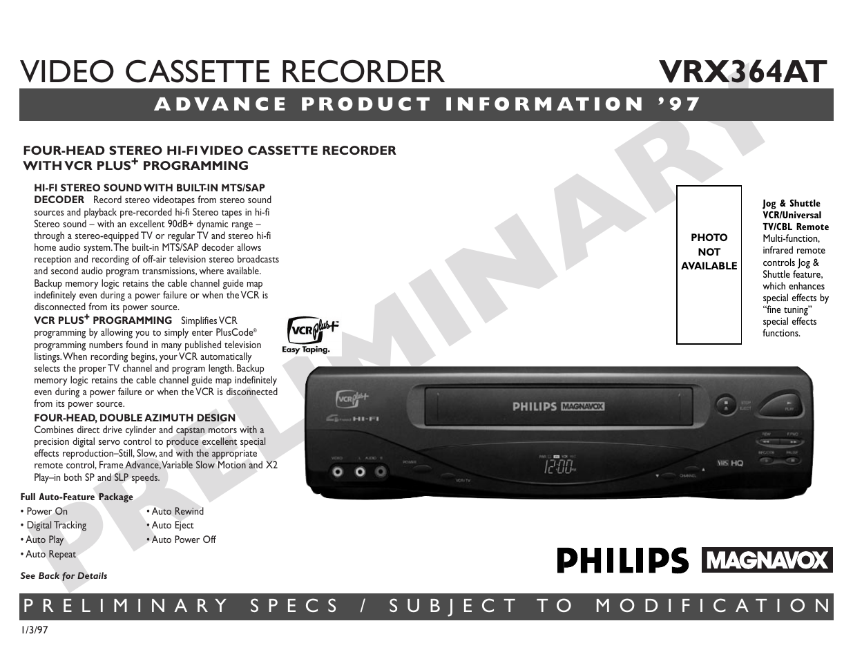 Philips VRX364AT User Manual | 2 pages