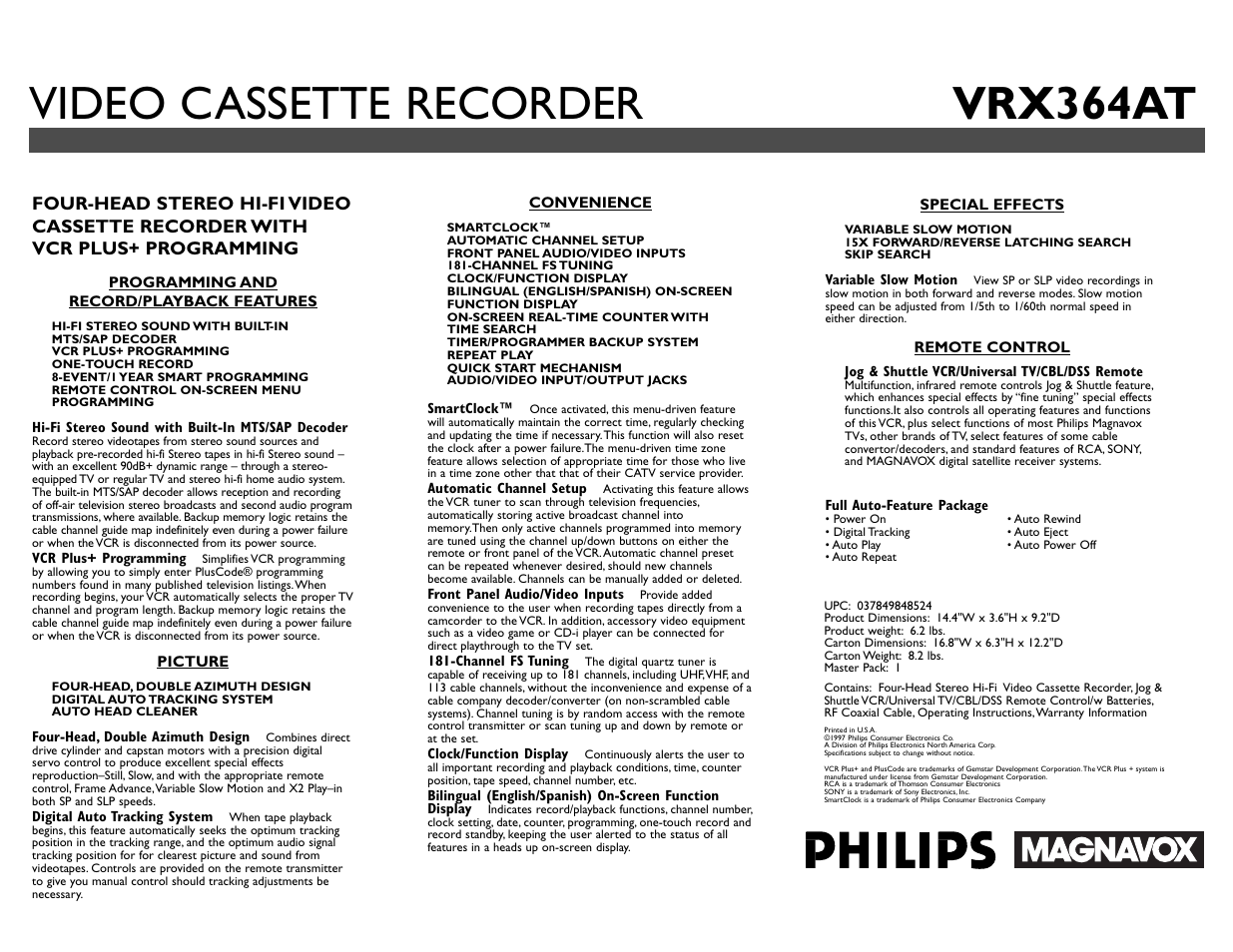 Video cassette recorder vrx364at | Philips VRX364AT User Manual | Page 2 / 2