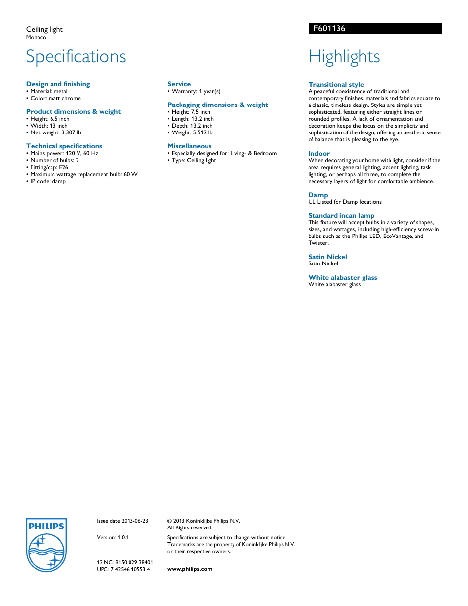 Specifications, Highlights | Philips F601136 User Manual | Page 2 / 2