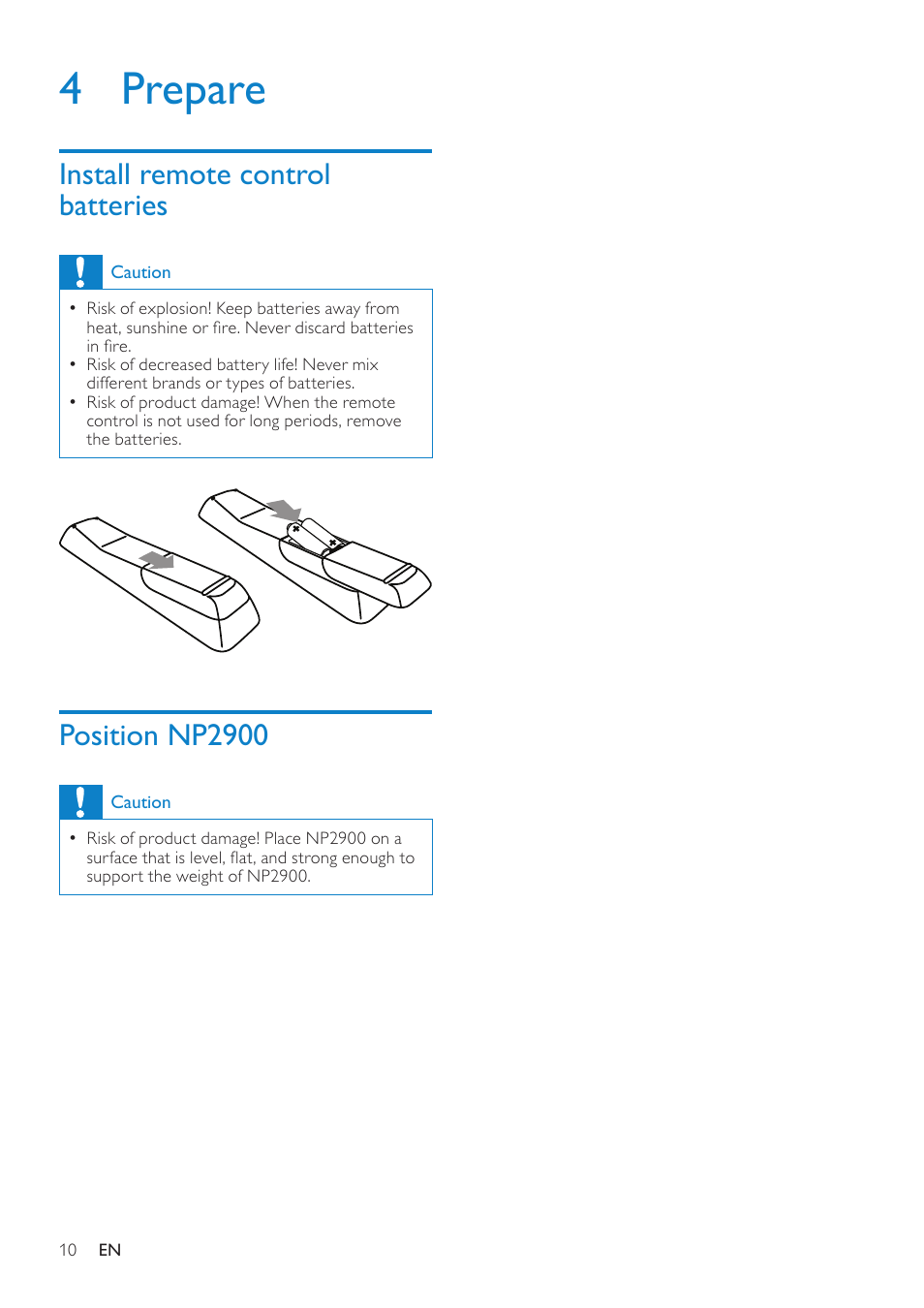 4 prepare, Install remote control batteries, Position np2900 | Philips NP2900-37B User Manual | Page 11 / 69