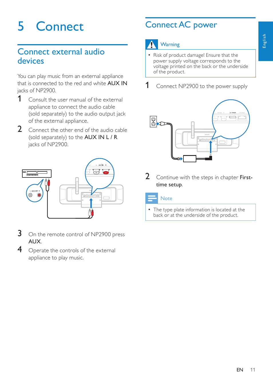 5 connect, Connect external audio devices, Connect ac power | Philips NP2900-37B User Manual | Page 12 / 69