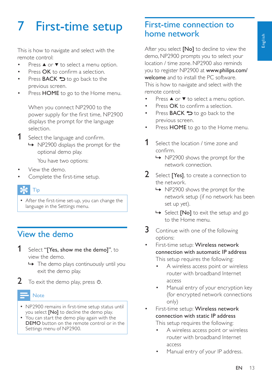 7 first-time setup, View the demo, First-time connection to home network | First-time connection to home, Network, View the demo 1 | Philips NP2900-37B User Manual | Page 14 / 69