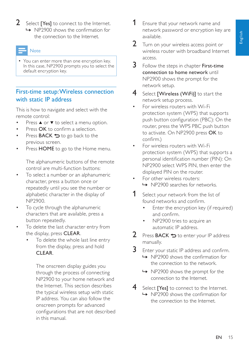 First-time setup: wireless, Connection with static ip address 15 | Philips NP2900-37B User Manual | Page 16 / 69