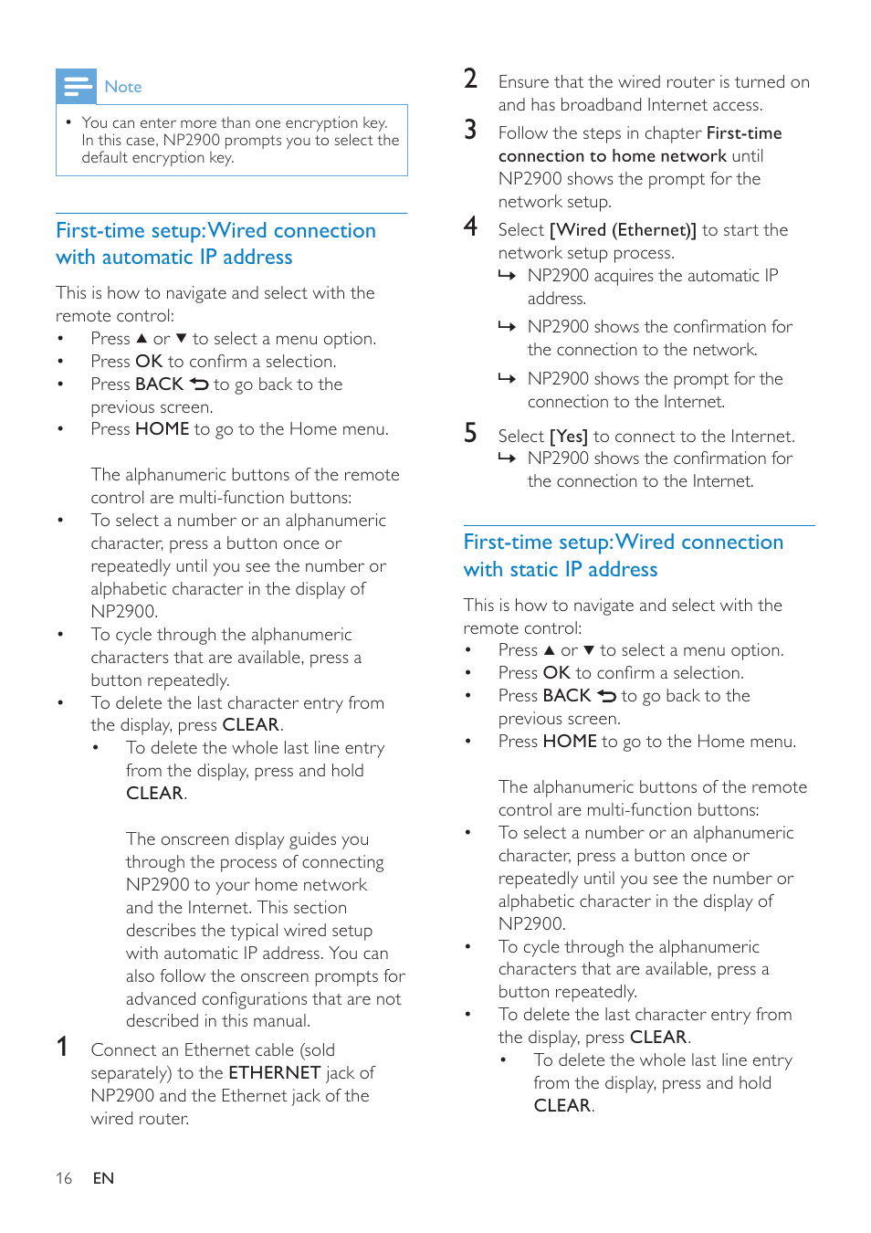 First-time setup: wired connection, With automatic ip address, With static ip address | Philips NP2900-37B User Manual | Page 17 / 69