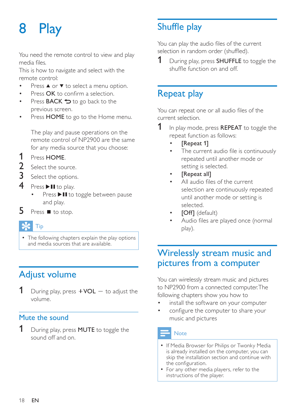 8 play, Adjust volume, Mute the sound | Shuffle play, Repeat play, Wirelessly stream music and pictures, From a computer, Adjust volume 1 | Philips NP2900-37B User Manual | Page 19 / 69