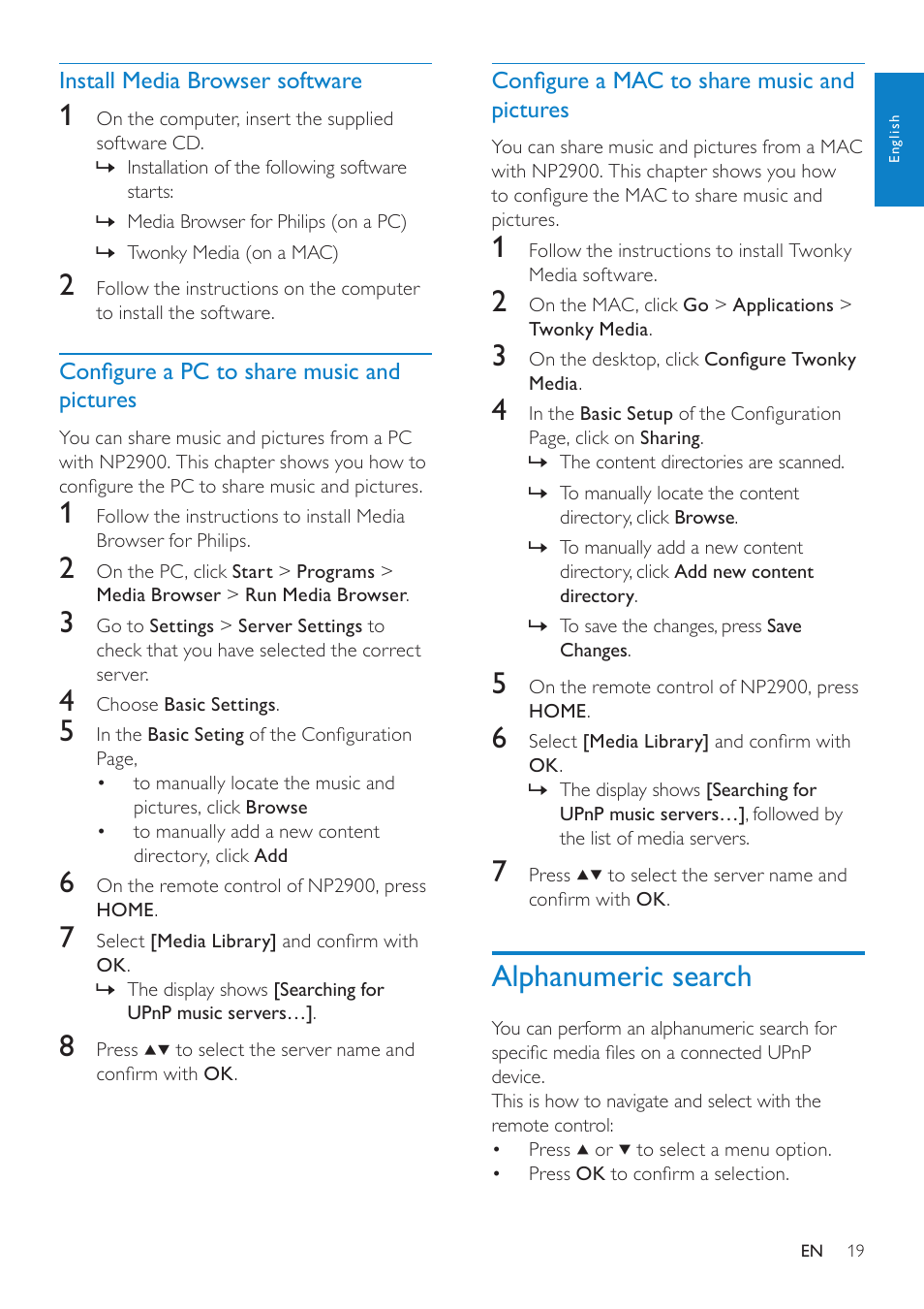 Install media browser software, Configure a pc to share music and pictures, Configure a mac to share music and pictures | Alphanumeric search, Configure a pc to share music and, Pictures, Configure a mac to share music, And pictures | Philips NP2900-37B User Manual | Page 20 / 69