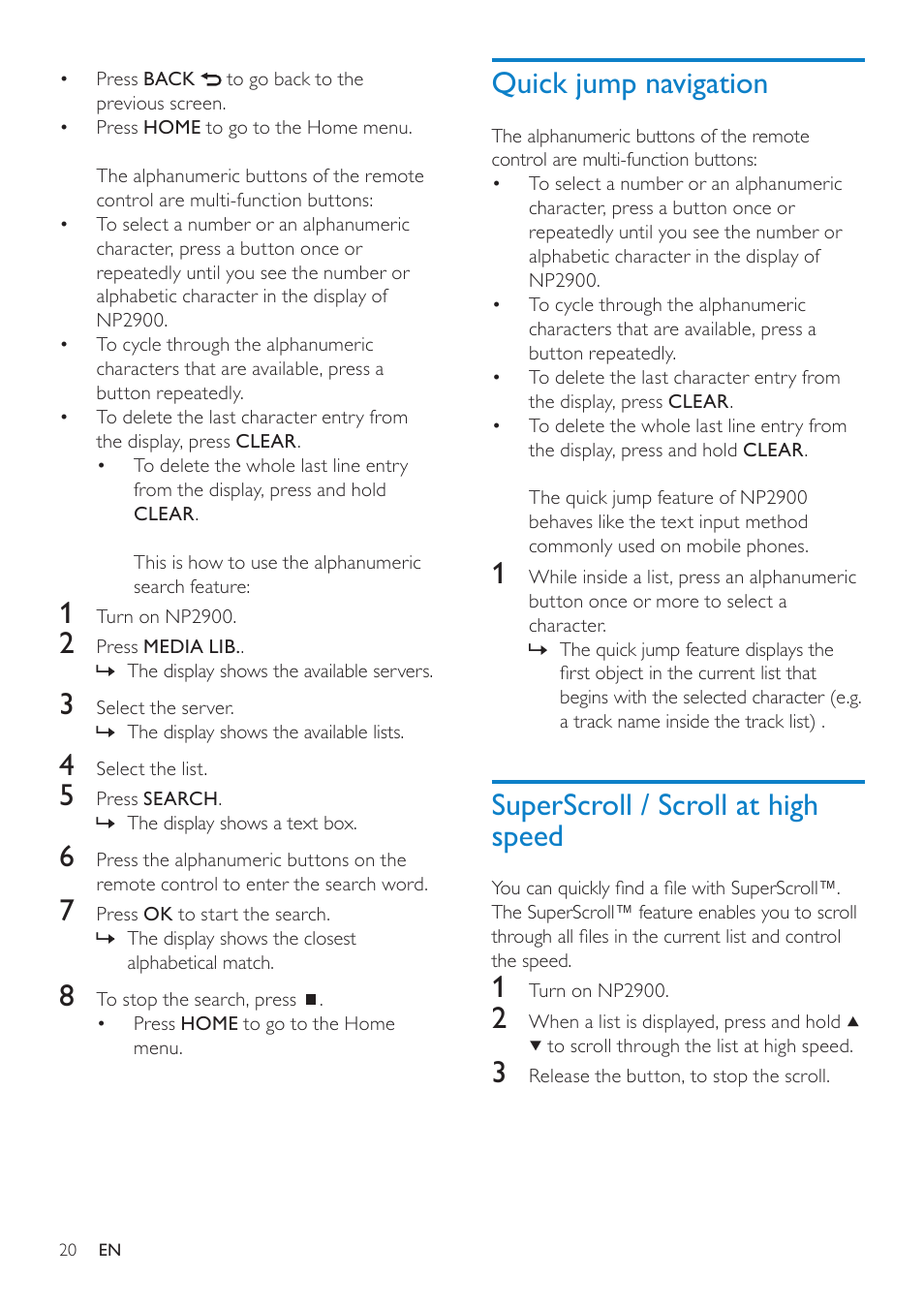 Quick jump navigation, Superscroll / scroll at high speed | Philips NP2900-37B User Manual | Page 21 / 69