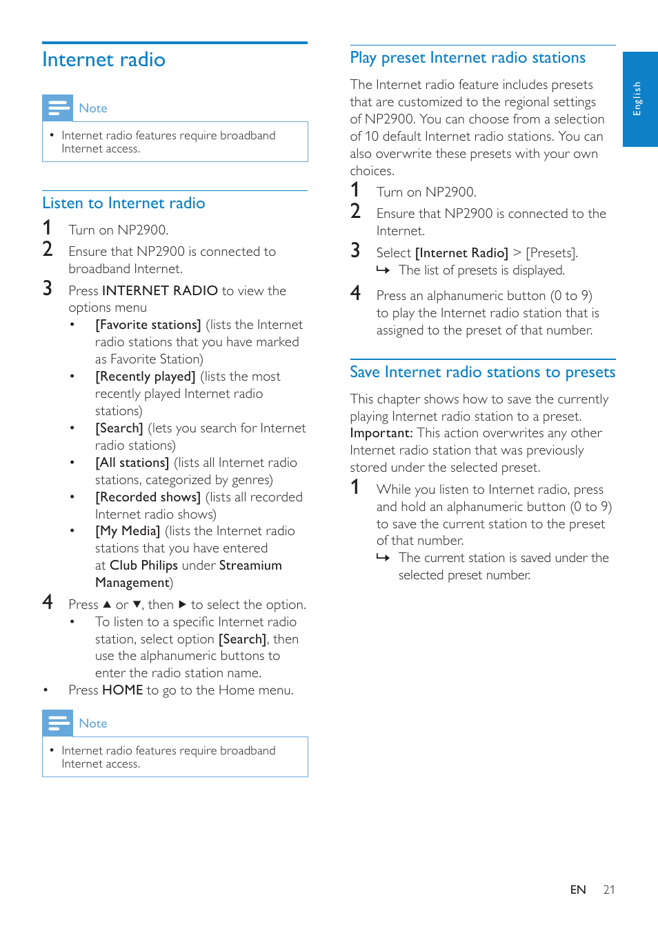 Internet radio, Listen to internet radio, Play preset internet radio stations | Save internet radio stations to presets, Play preset internet radio stations 21, Save internet radio stations to, Presets | Philips NP2900-37B User Manual | Page 22 / 69