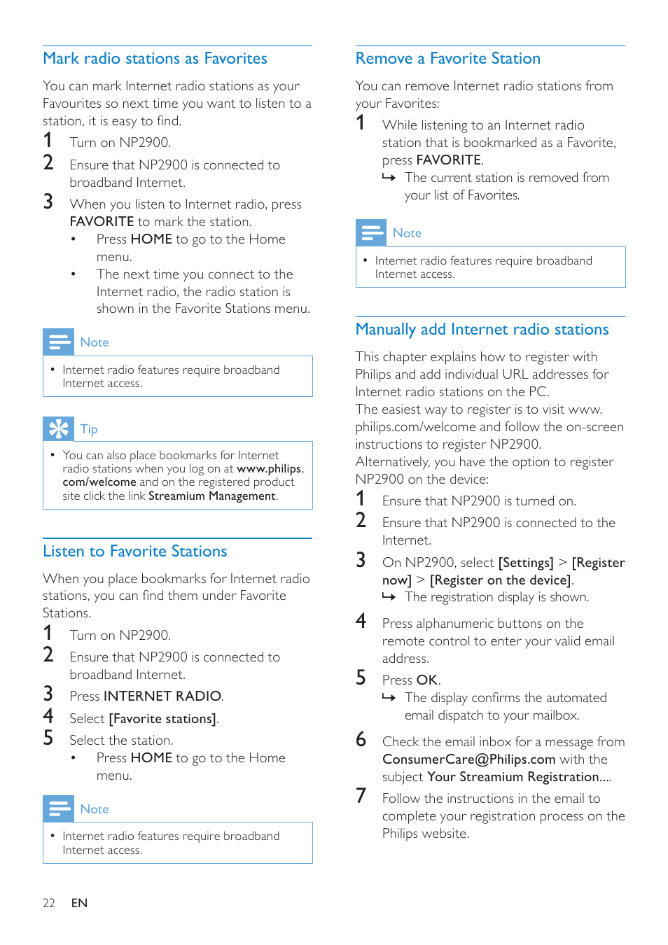 Mark radio stations as favorites, Listen to favorite stations, Remove a favorite station | Manually add internet radio stations, Mark radio stations as favorites 22, Manually add internet radio, Stations | Philips NP2900-37B User Manual | Page 23 / 69