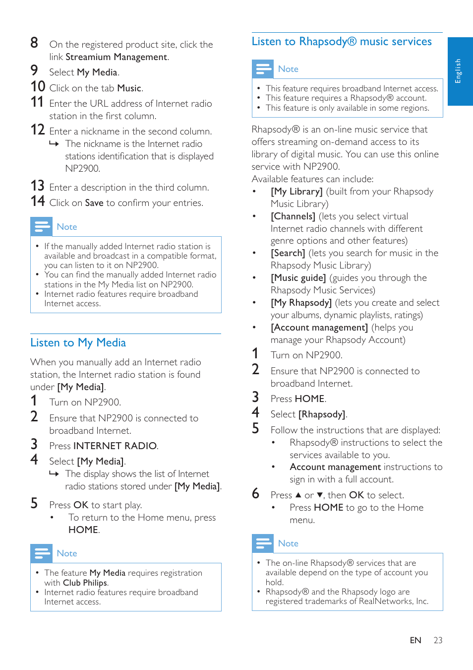 Listen to my media, Listen to rhapsody® music services, Listen to rhapsody® music | Services | Philips NP2900-37B User Manual | Page 24 / 69