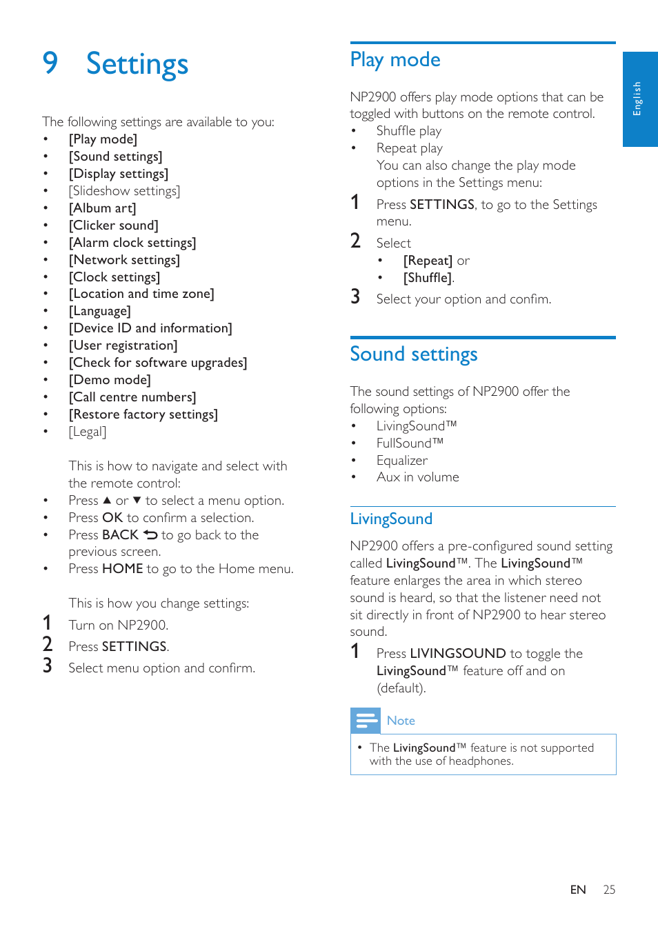 9 settings, Play mode, Sound settings | Livingsound | Philips NP2900-37B User Manual | Page 26 / 69