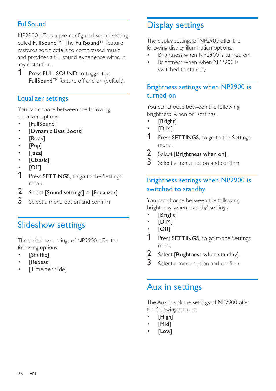 Fullsound, Equalizer settings, Slideshow settings | Display settings, Brightness settings when np2900 is turned on, Aux in settings, Brightness settings when np2900 is, Turned on, Switched to standby | Philips NP2900-37B User Manual | Page 27 / 69