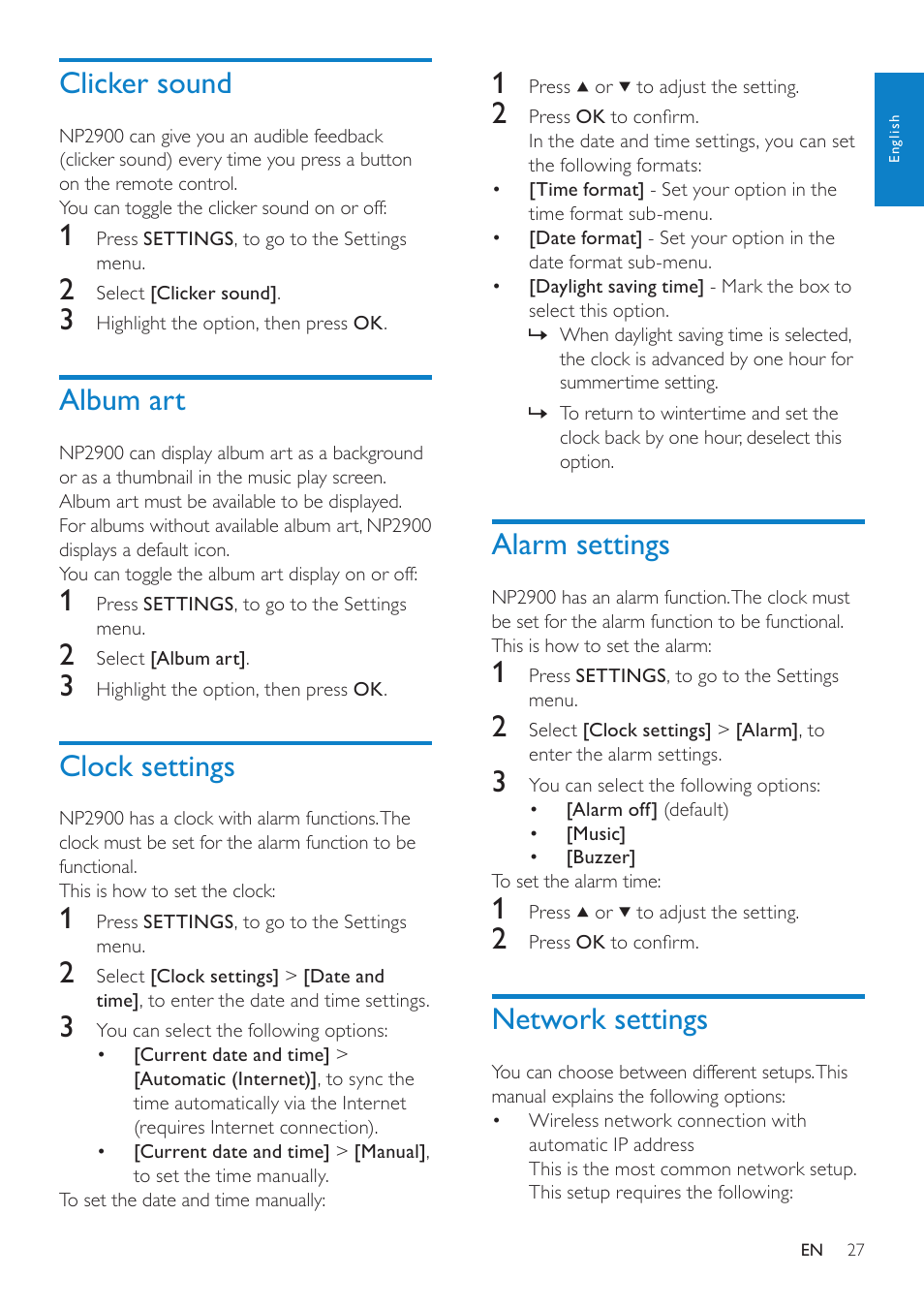 Clicker sound, Album art, Clock settings | Alarm settings, Network settings | Philips NP2900-37B User Manual | Page 28 / 69