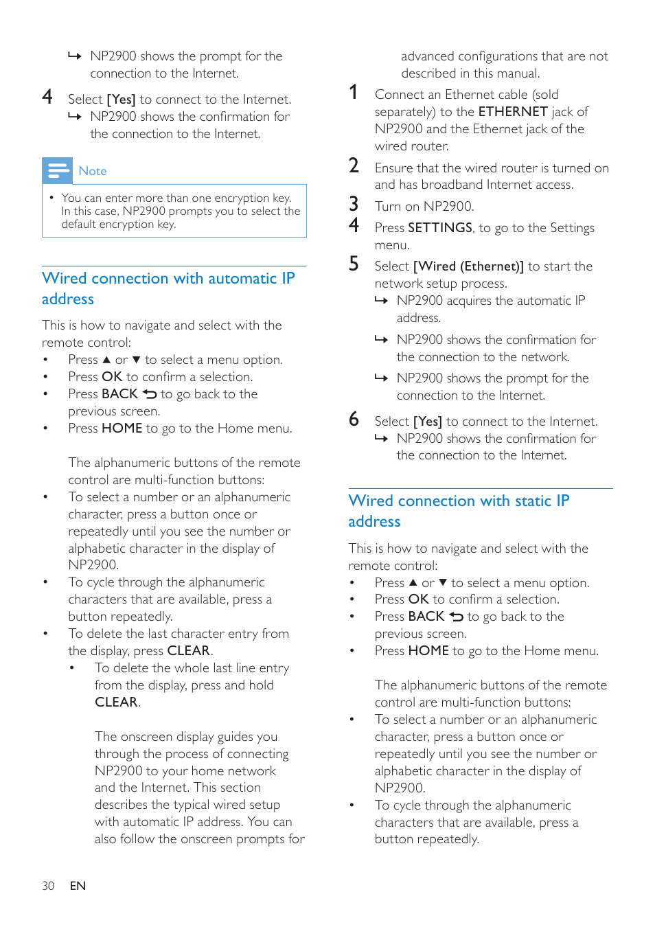 Wired connection with automatic ip address, Wired connection with static ip address, Wired connection with automatic | Ip address, Wired connection with static ip, Address | Philips NP2900-37B User Manual | Page 31 / 69