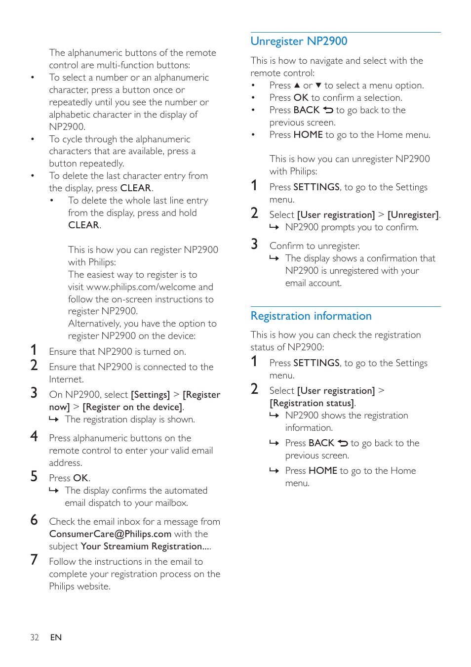 Unregister np2900, Registration information | Philips NP2900-37B User Manual | Page 33 / 69