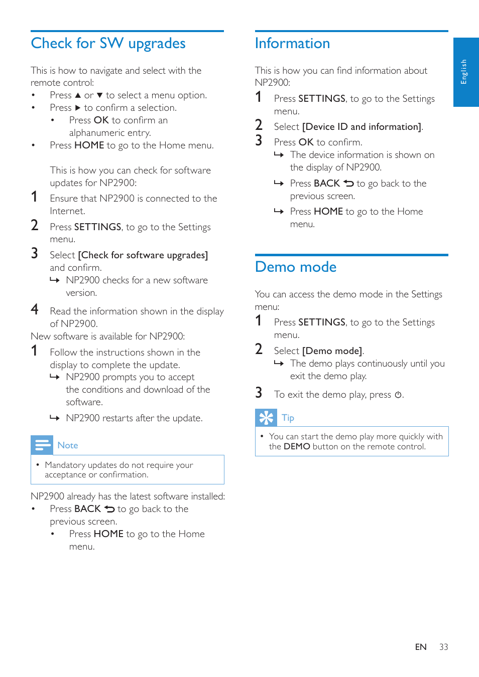 Check for sw upgrades, Information, Demo mode | Philips NP2900-37B User Manual | Page 34 / 69
